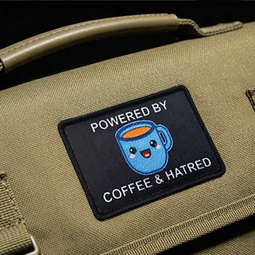 Powered by coffee and hatred 2"x3" hook & loop patch Badge funny meme black blue