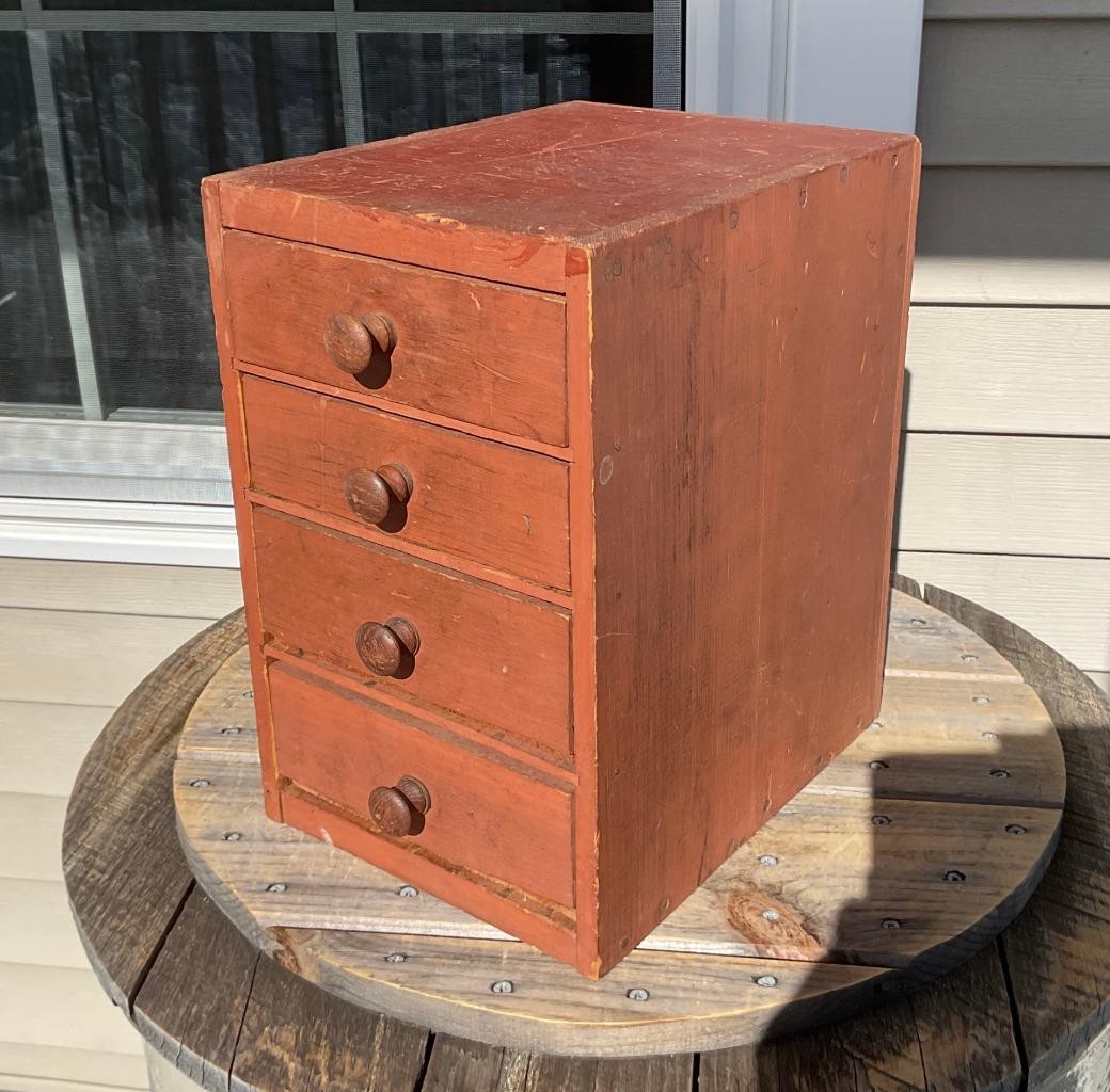 Antique Wood Cabinet Small Table Top Chest of 4 Drawers Salmon Storage Box 13" H