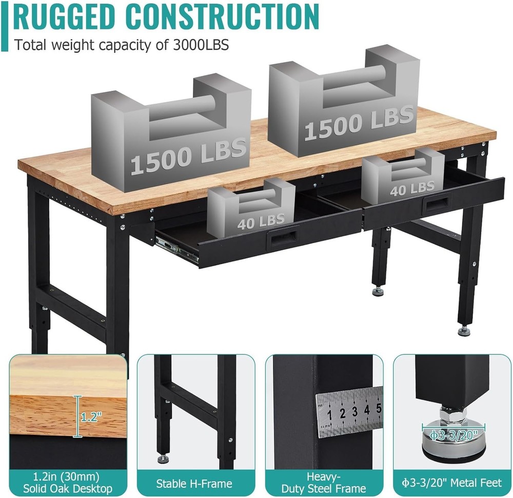 60" Workbench Adjustable Height Work Table w/ Drawers & Pegboard & Power Outlets