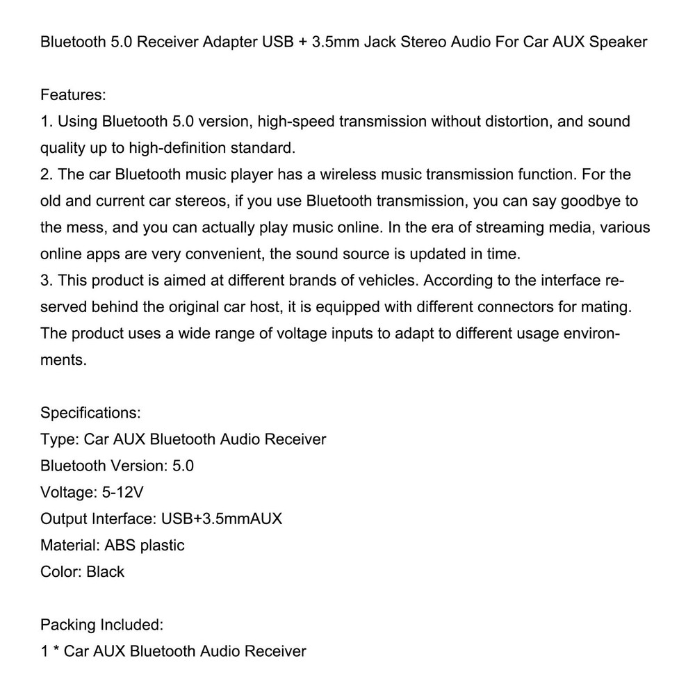 Bluetooth5.0 Receiver Adapter USB 3.5mm Jack Stereo CD Audio For Car AUX Speaker