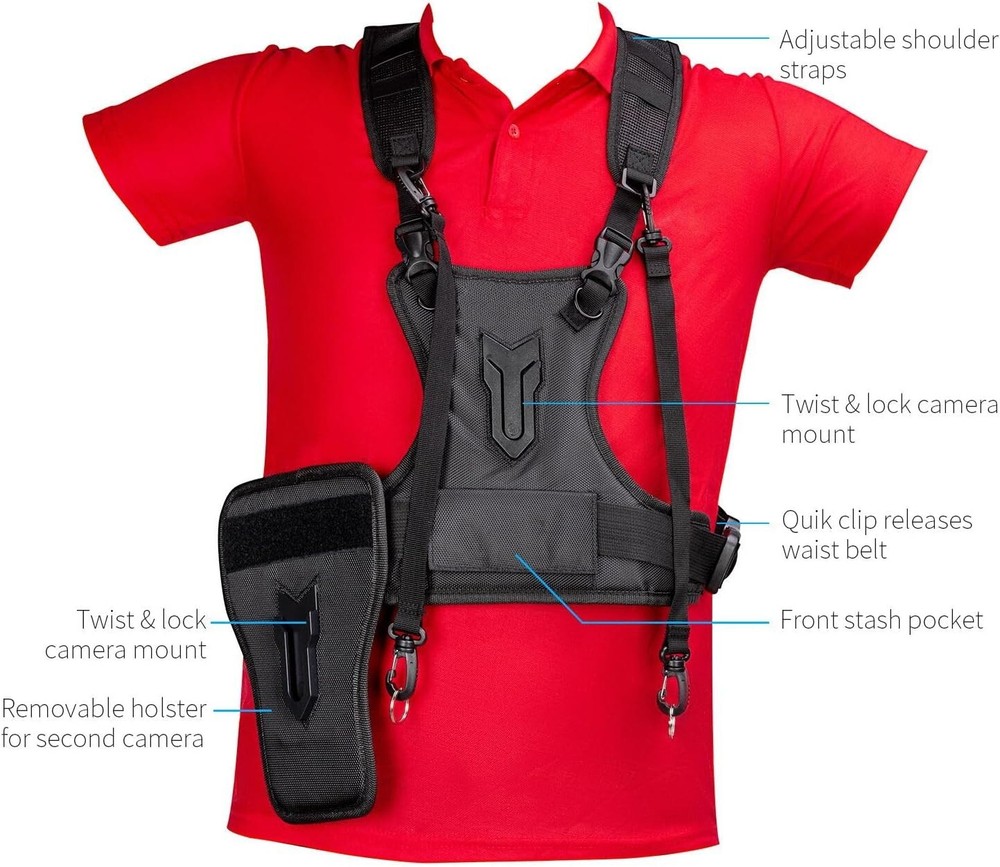 Fomito Multi Camera Strap Carrying Chest Harness System Vest with Side Holster