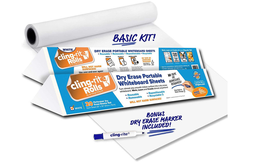 Clingers Dry Erase Cling-rite Roll Basic, Removable, Recyclable Whiteboard, 1-50