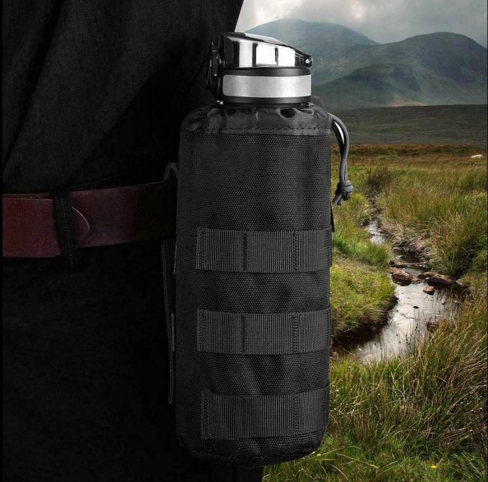 Tactical MOLLE Water Bottle Pouch with Drawstring Open Top & Mesh Bottom Holder
