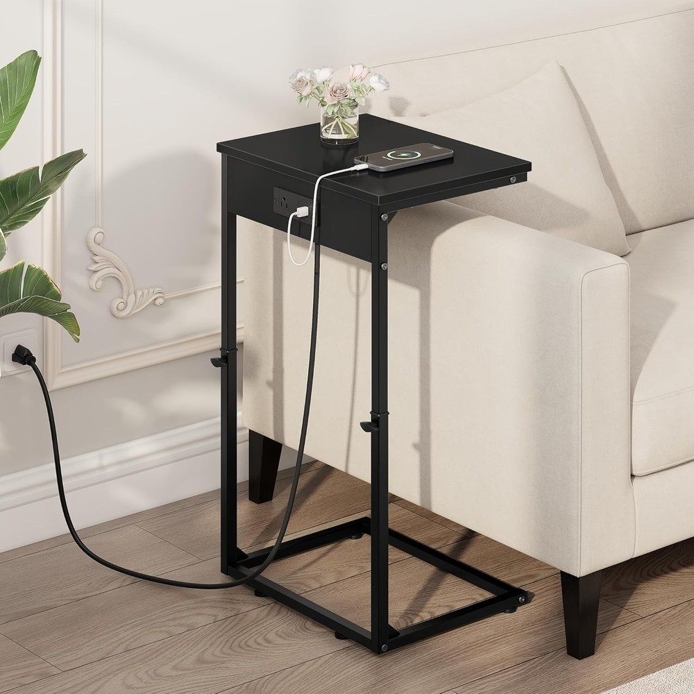 C Shaped End Table W/ Charging Station Adjustable Height Side Table Couch,Small