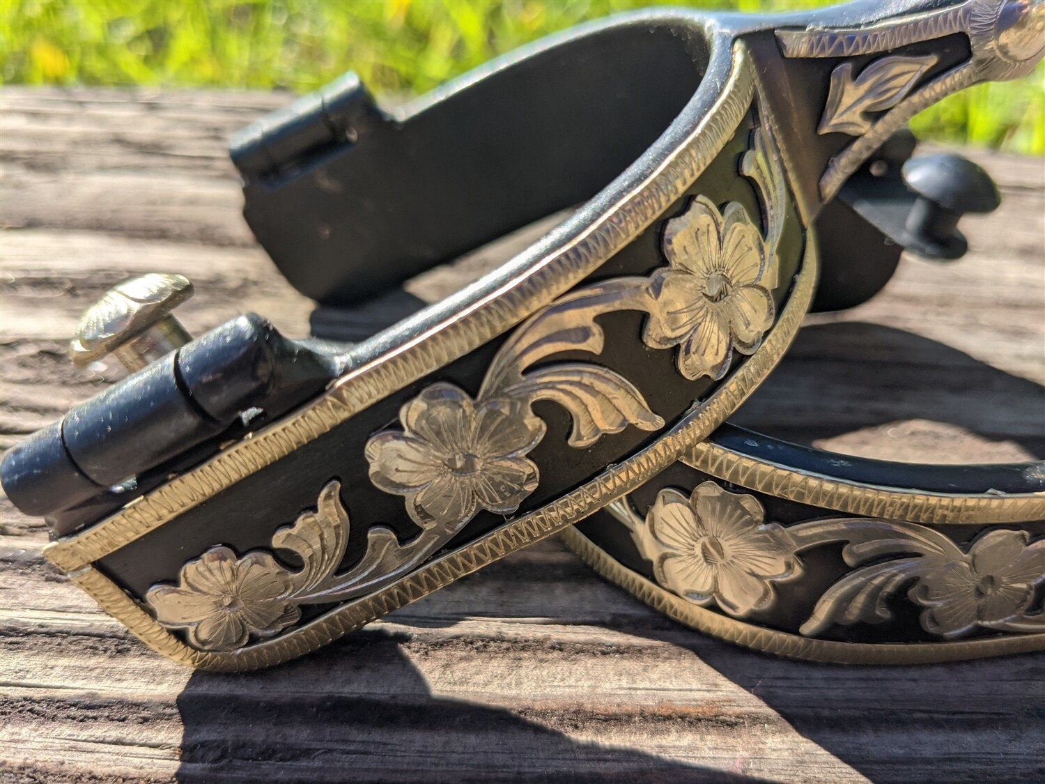 Western Ball End Spurs - Black Iron and Silver Floral