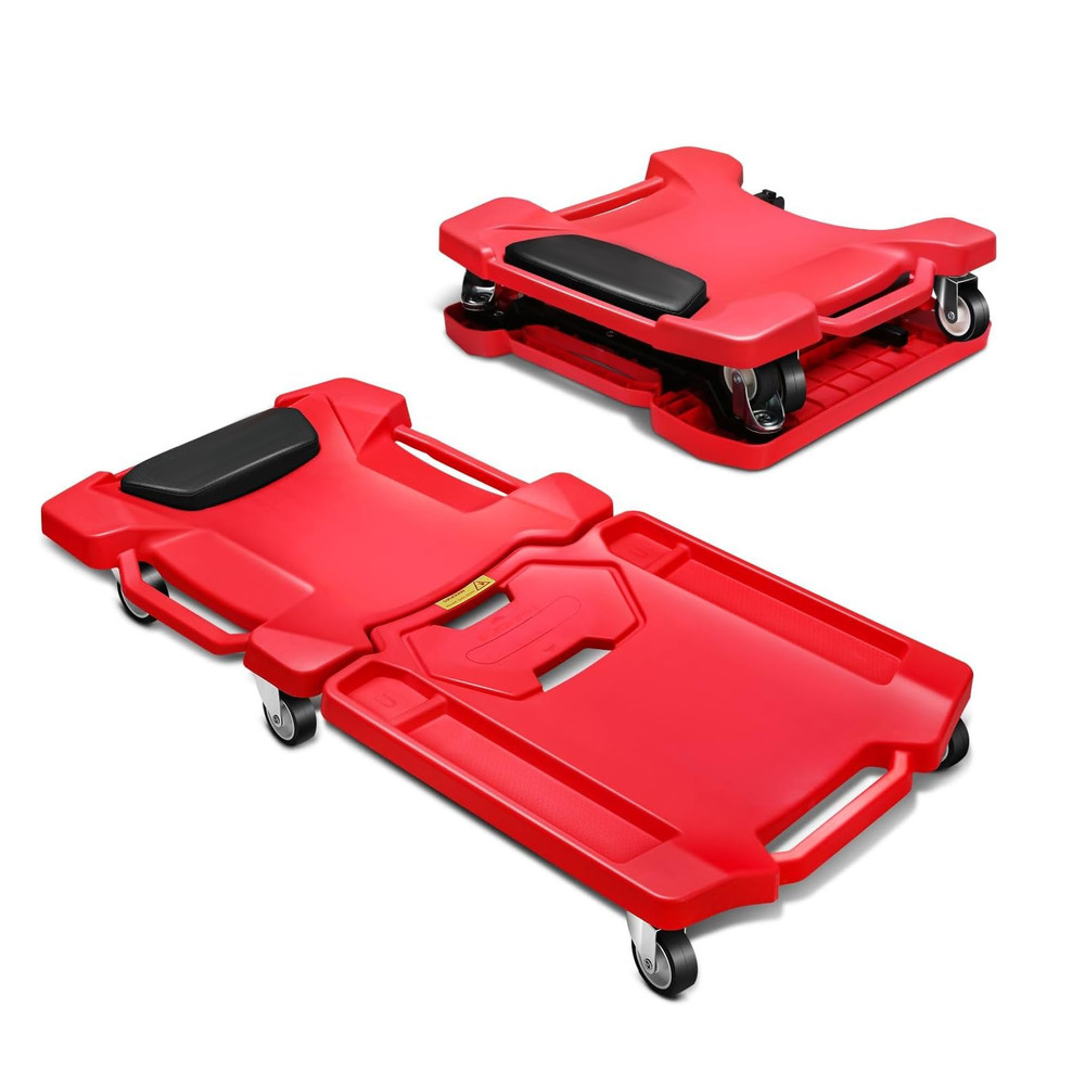 41" FOLDABLE LOW PROFILE ROLLING CREEPER WITH DUAL TOOL TRAYS PADDED HEADREST