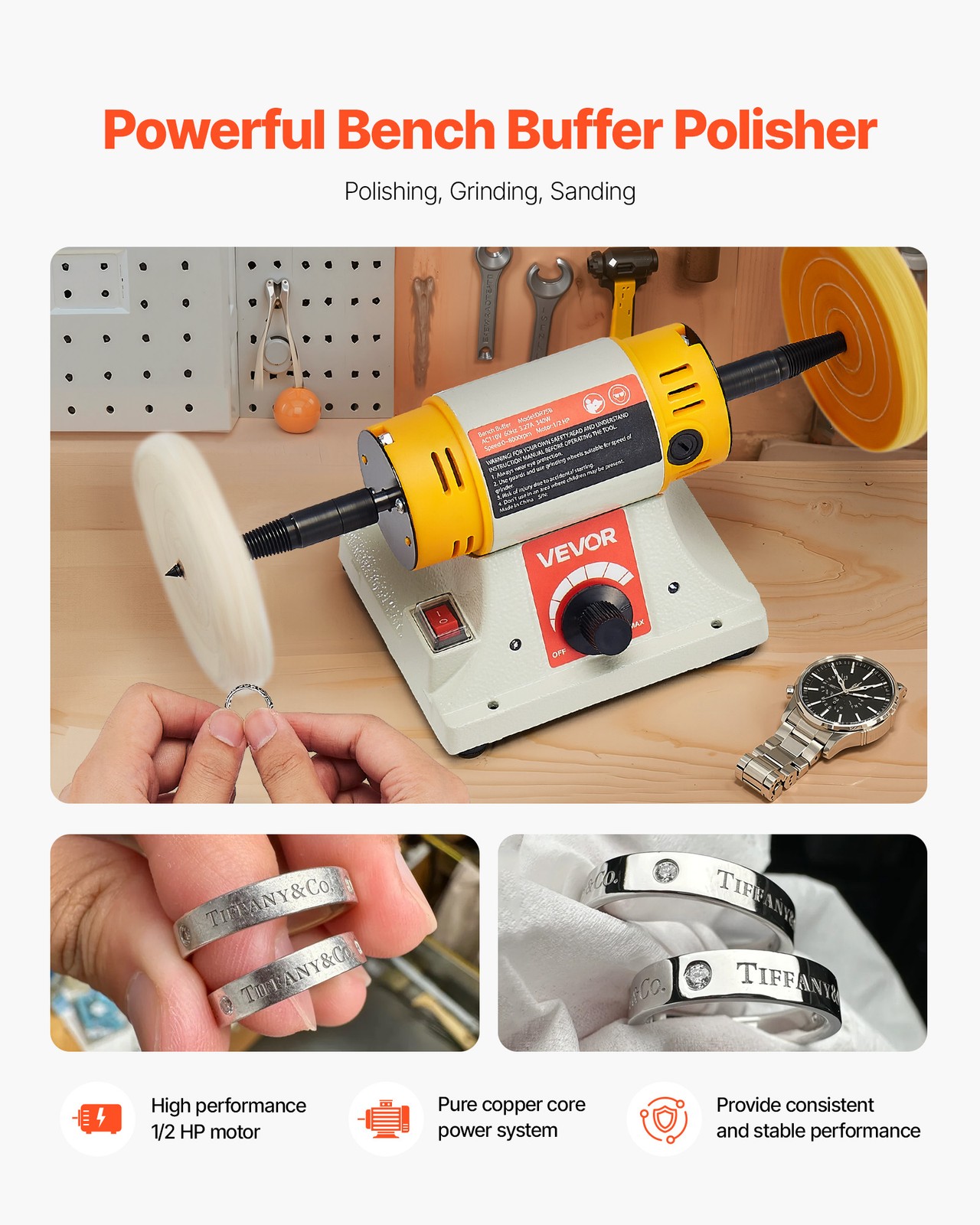 VEVOR 1/2HP Bench Buffer Polisher 0 to 8000RPM with 3-inch & 4-inch Wheels