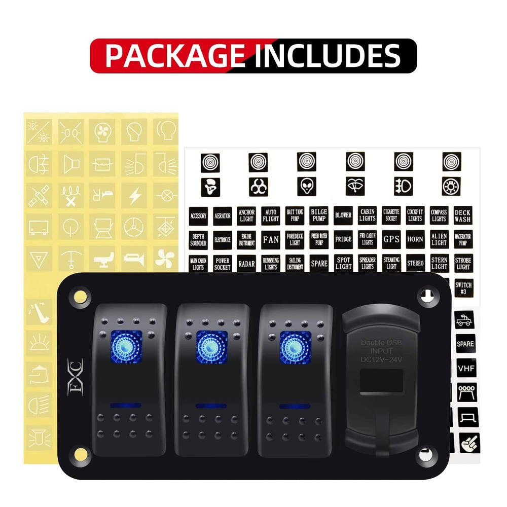 Multi-Function 3 Gang Rocker Switch Panel with Blue LED, USB Charger & Voltmeter