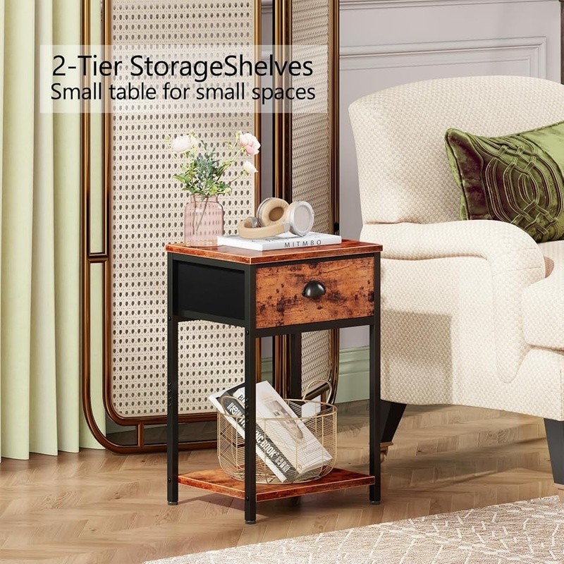 Sturdy Nightstand W/ Fabric Drawer Open Shelves Multi-function Side Table Brown