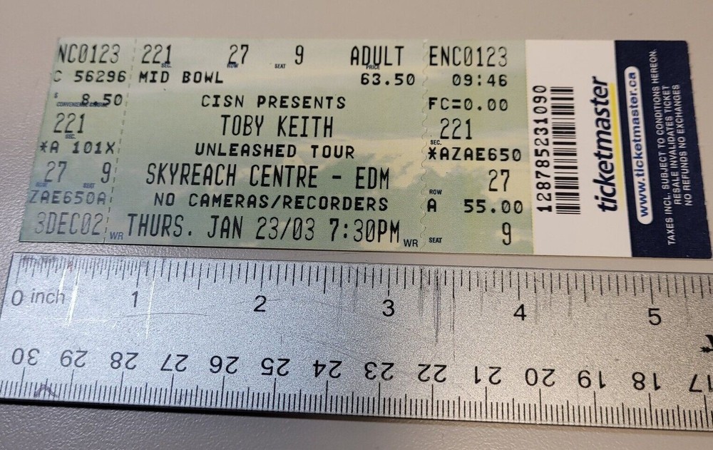 "A-9" TOBY KEITH 2002 "UNLEASHED" Edmonton, Canada Skyreach Centre TICKET