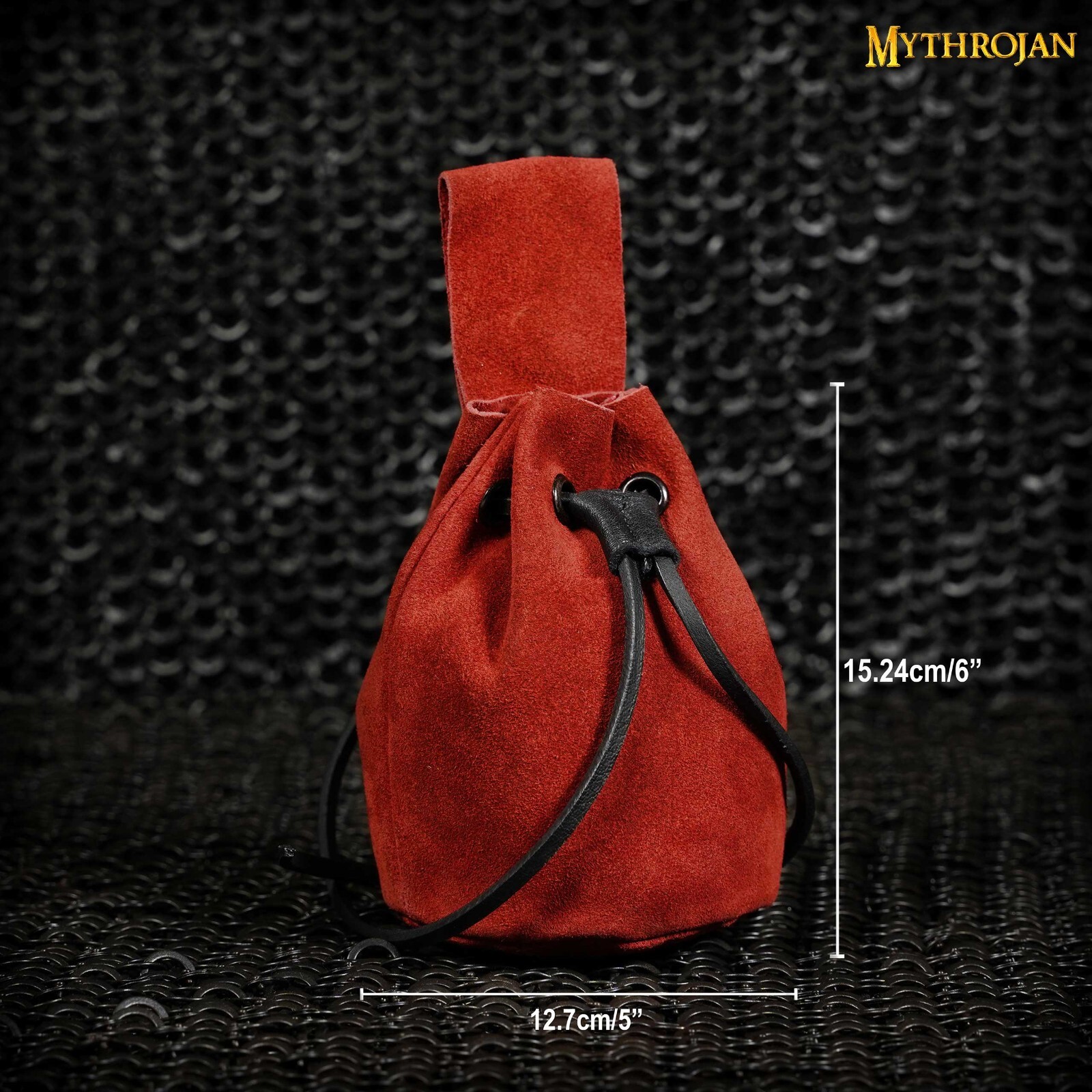Medieval Leather Pouch Renaissance Larp Mini Bag Drawstring Closure Red Suede
