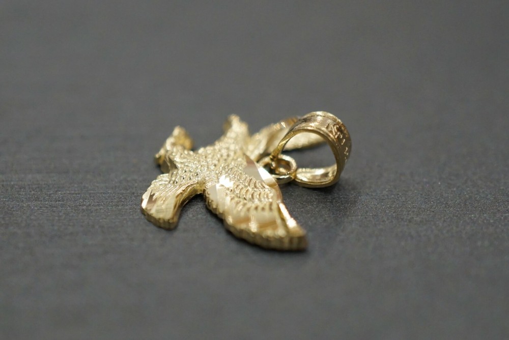 14K Solid Yellow Gold 0.5" Tiny Diamond Cut Eagle Charm Pendant.