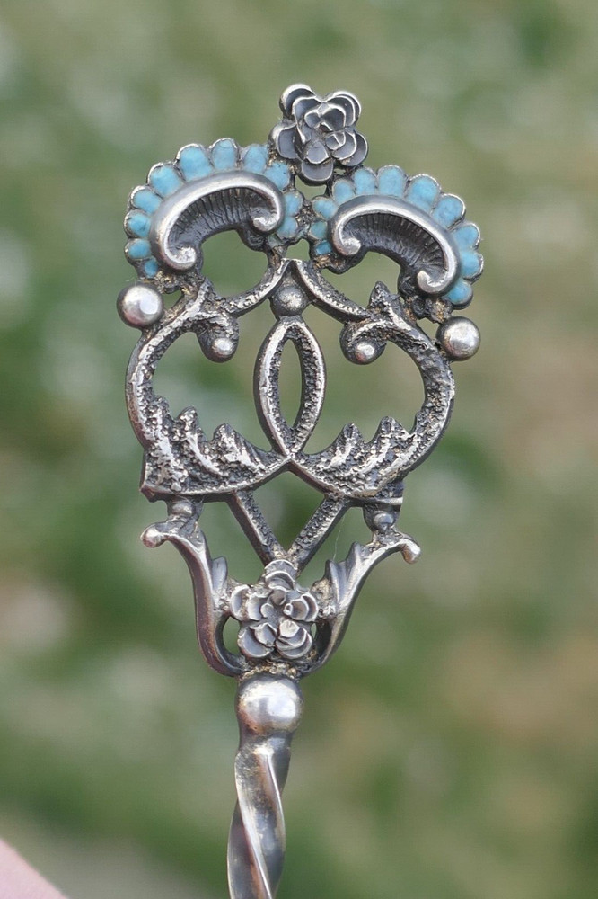 Antique Dated 1894 Sterling Silver & Enameled Twist Handle Teaspoon