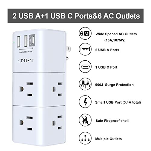USB Outlet Extender Surge Protector - Multi Plug Outlet with Rotating Plug, 3