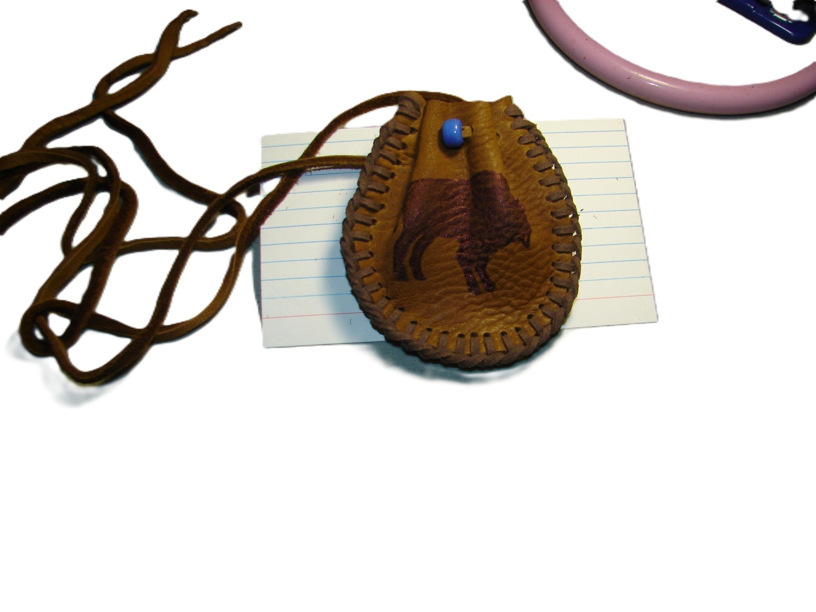 Native American Deerskin Leather Medicine Bag, Buffalo Graphic Tribal Pouch, 3"