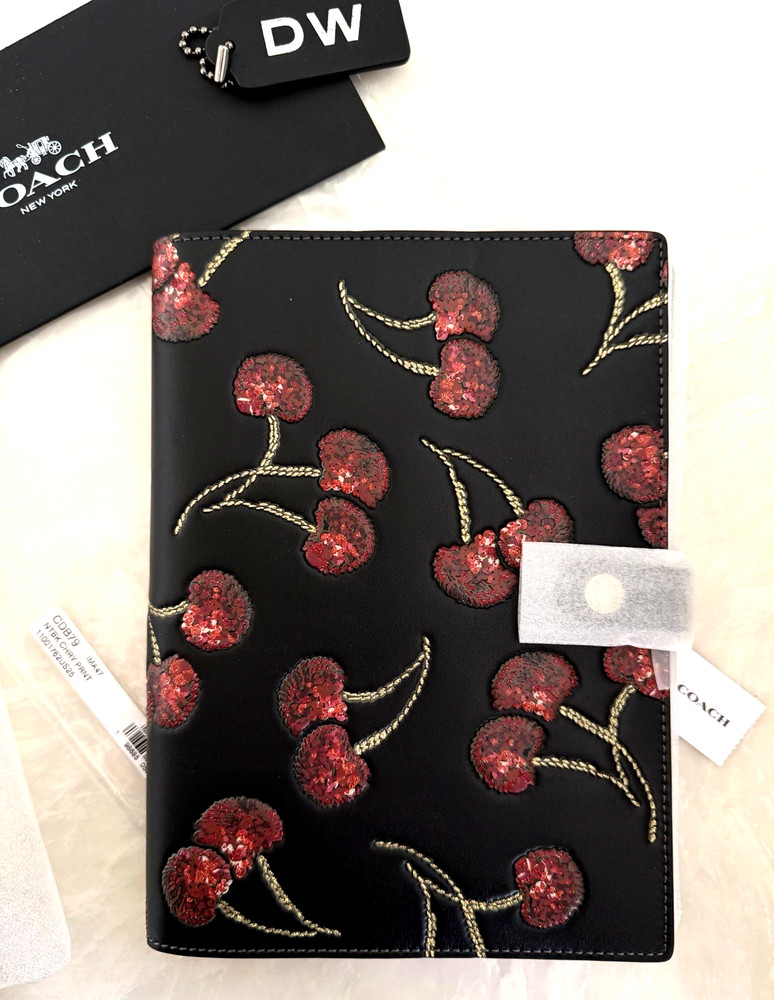 NWT COACH BLACK/RED GLITTER CHERRY NOTEBOOK CDB79