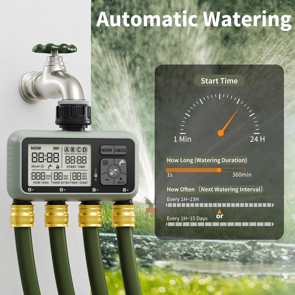 Sprinkler Timer Programable Outdoor Irrigation Water Garden 4 Zone for Lawn
