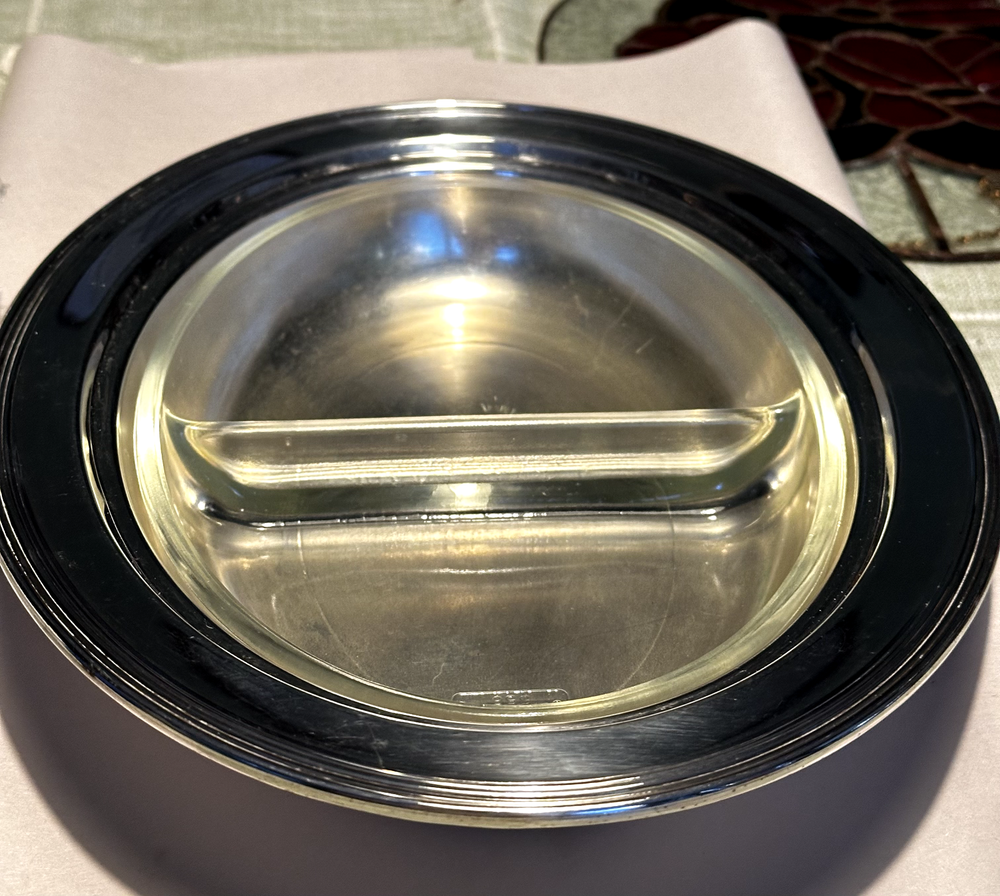 Silverplate Serving Bowl with GlasBake 558 Two-compartment Insert 11 1/2" Oval
