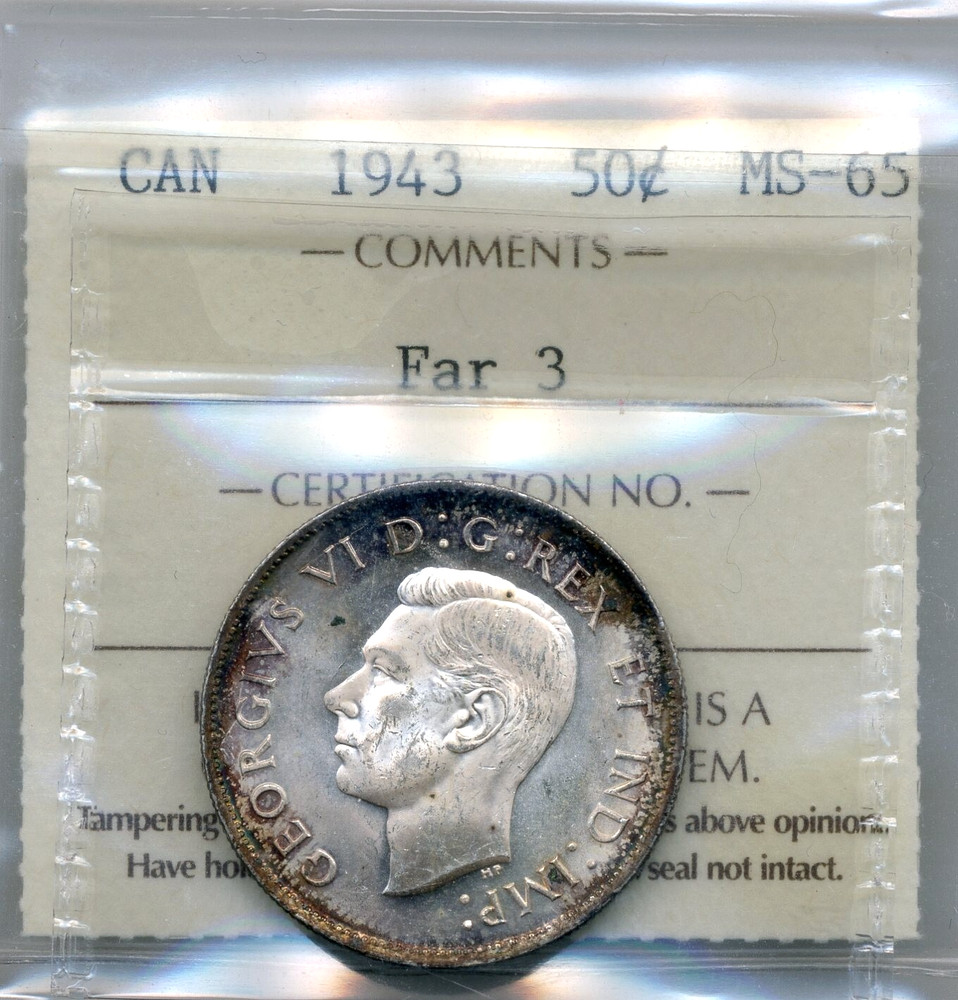 1943 Canada 50 Cents, Far 3 - GEM Uncirculated, ICCS MS65