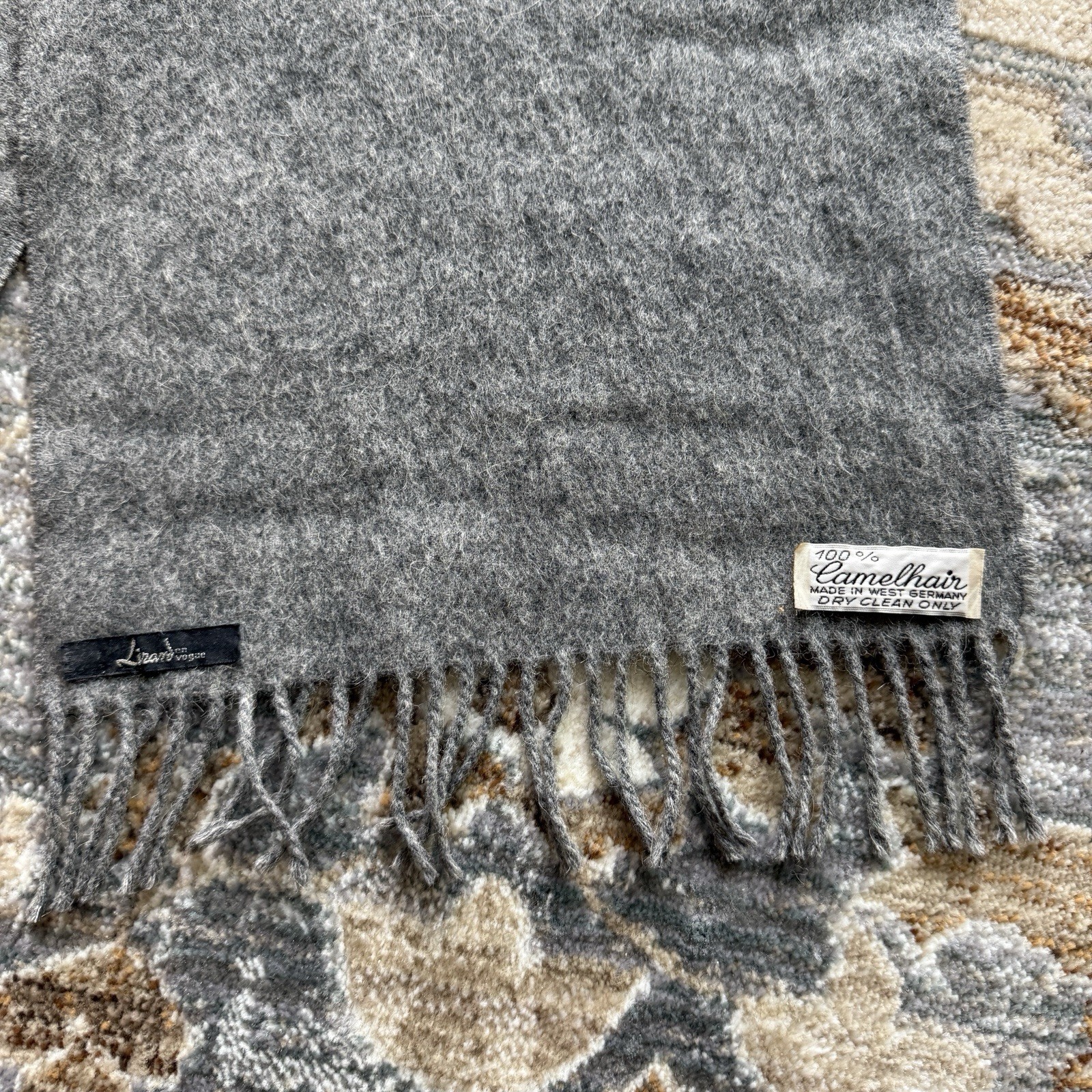 Vintage Lirard 100% Camel Hair Scarf Gray Made In Germany Minimal 50” Length 80s