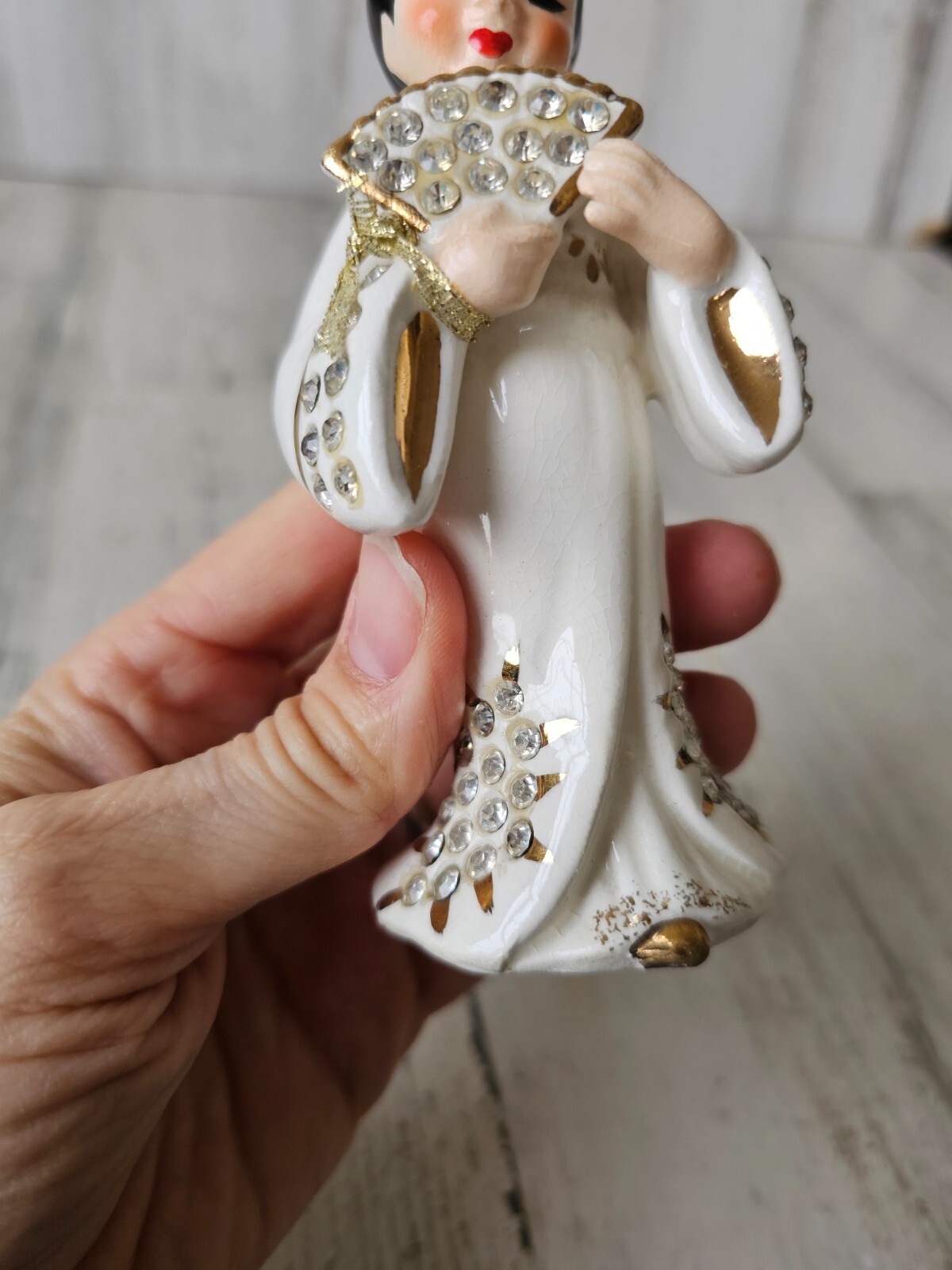 Lefton vintage geisha lady fan statue figurine rhinestone Japanese
