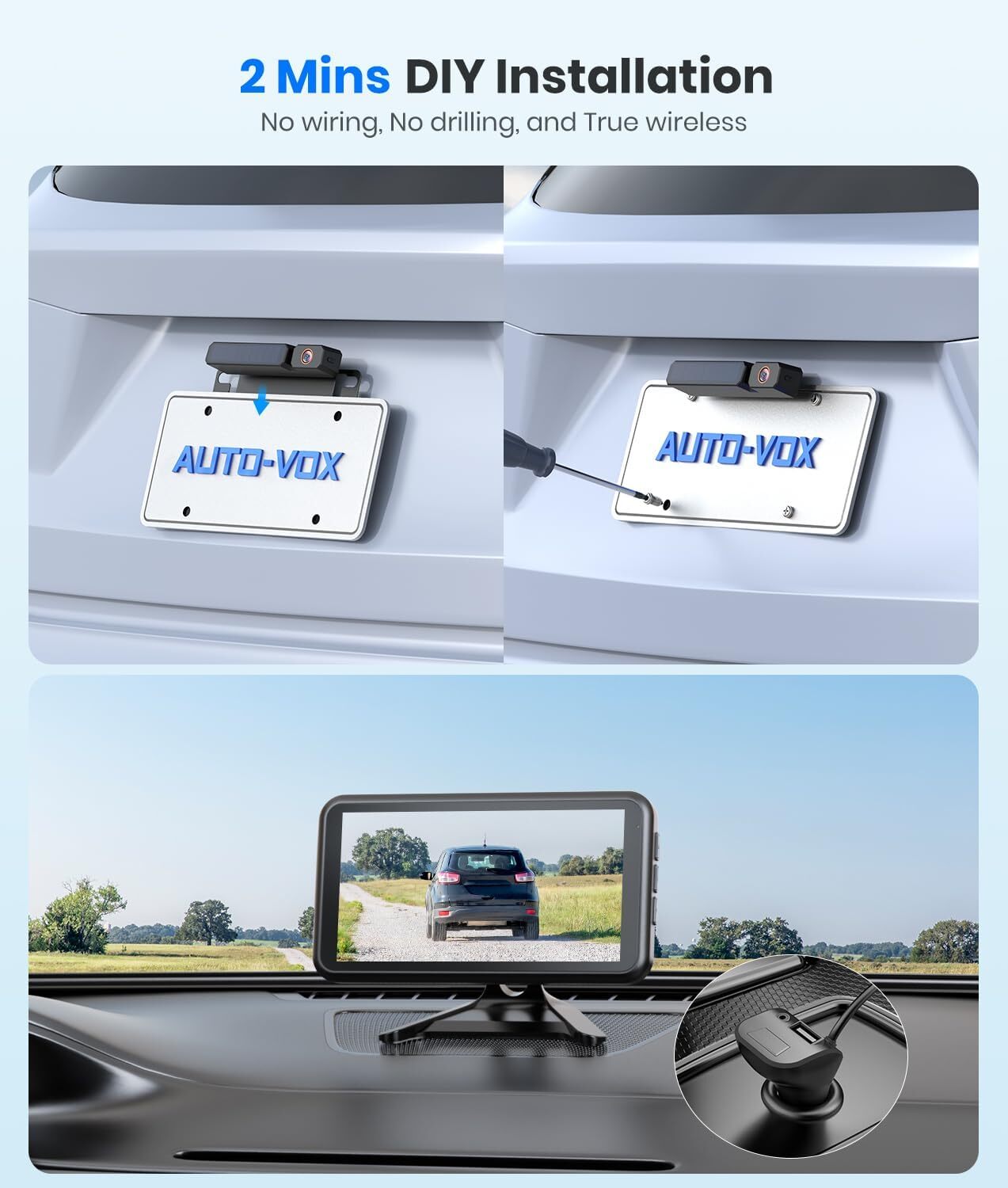 AUTO-VOX Solar Wireless Backup Camera 5" 1080P Monitor+ 1/2PCS Rear View Cameras