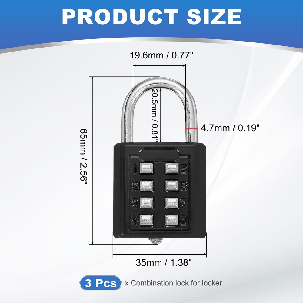 3Pcs Push Button Combination Padlock 8-Digit 4-Position Lock Black