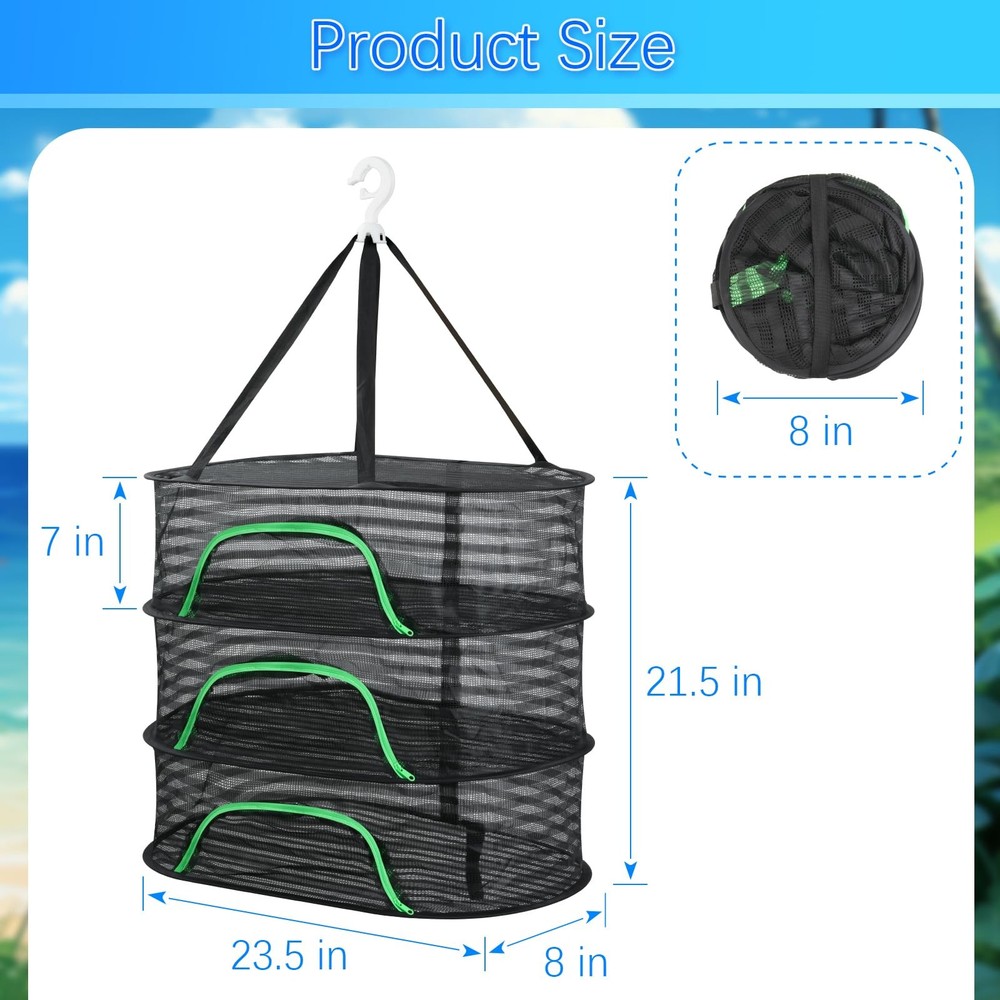 Hanging Drying Rack, Foldable Mesh Drying Net 3 Layers Hanging Dry Basket wit...