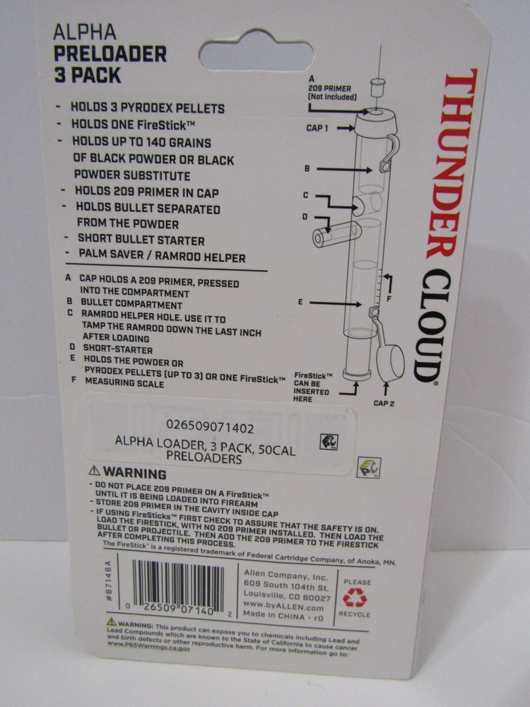 NEW ALLEN ALPHA LOADER 3 PACK 50 CAL PRELOADER THUNDER CLOUD