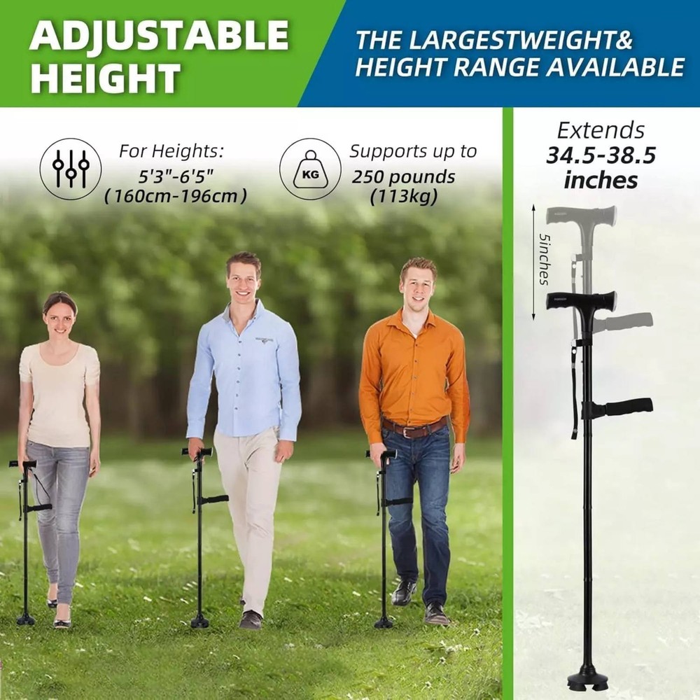 Portable Height-adjustable Walking Cane W/Side Handle Support 250lbs Capacity