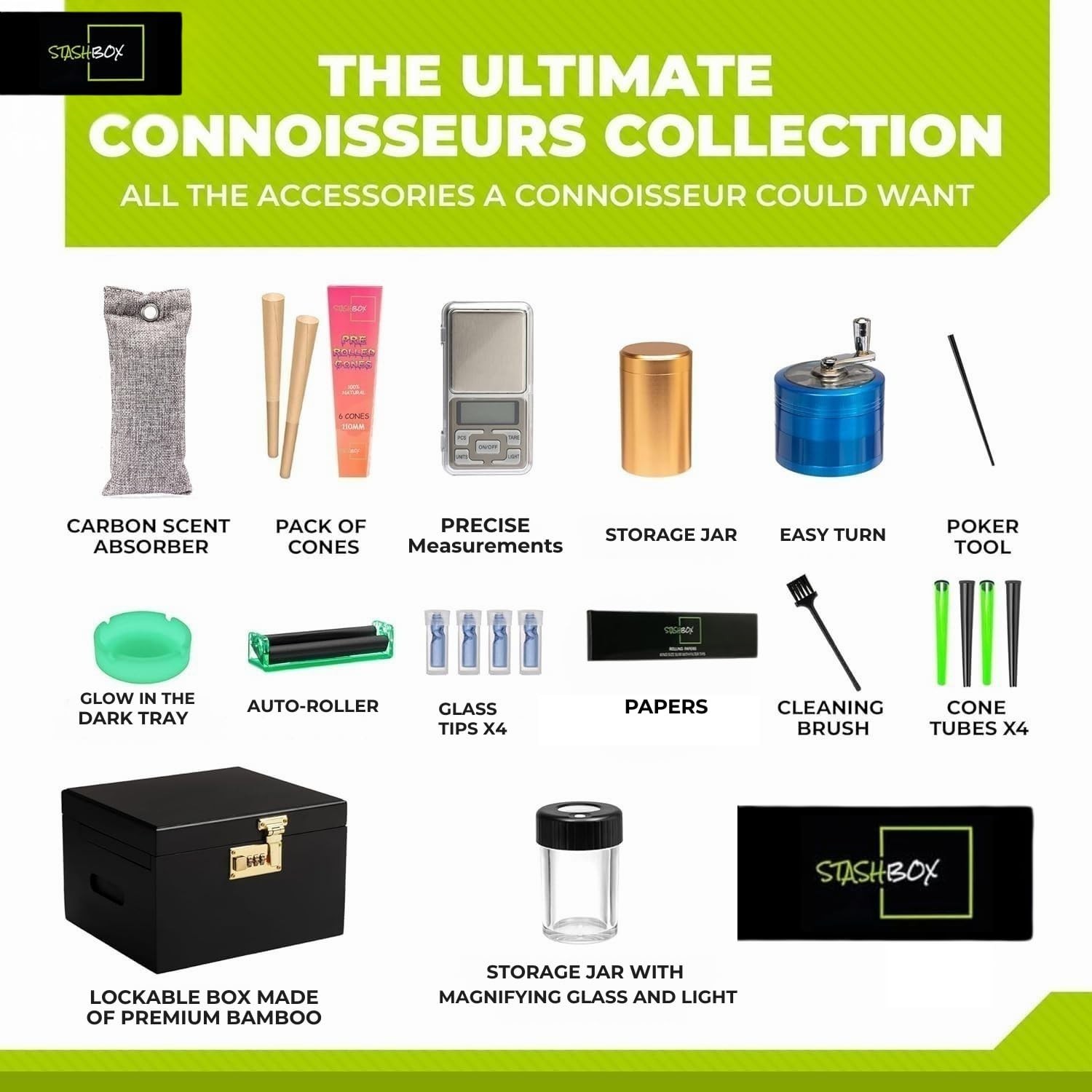 Smell Proof Stash Box with Rolling Tray, Built-In Combo Lock & 21 Accessories