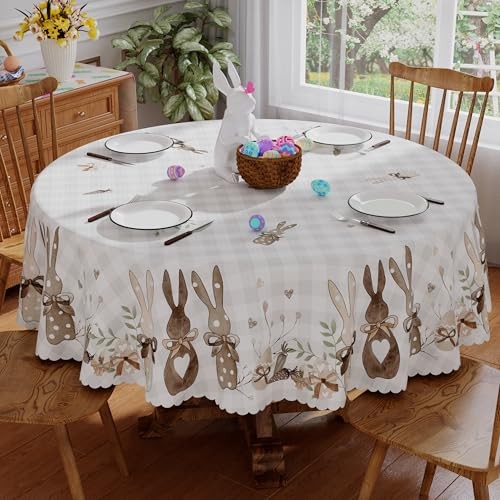 Round Easter Tablecloth 70x70 Inch, Washable Eggs Floral Bunny 70" (Round)