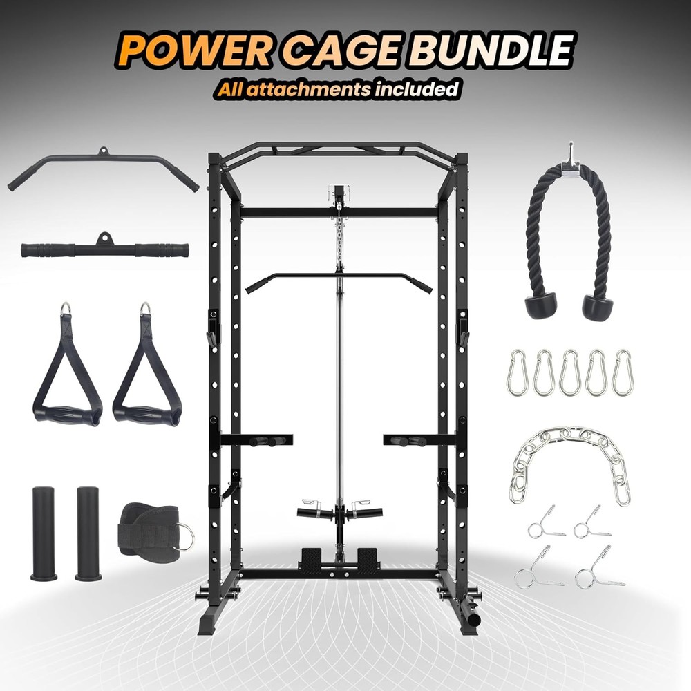 Power Cage with LAT Pulldown, Multi-Functional Power Rack with J-Hooks