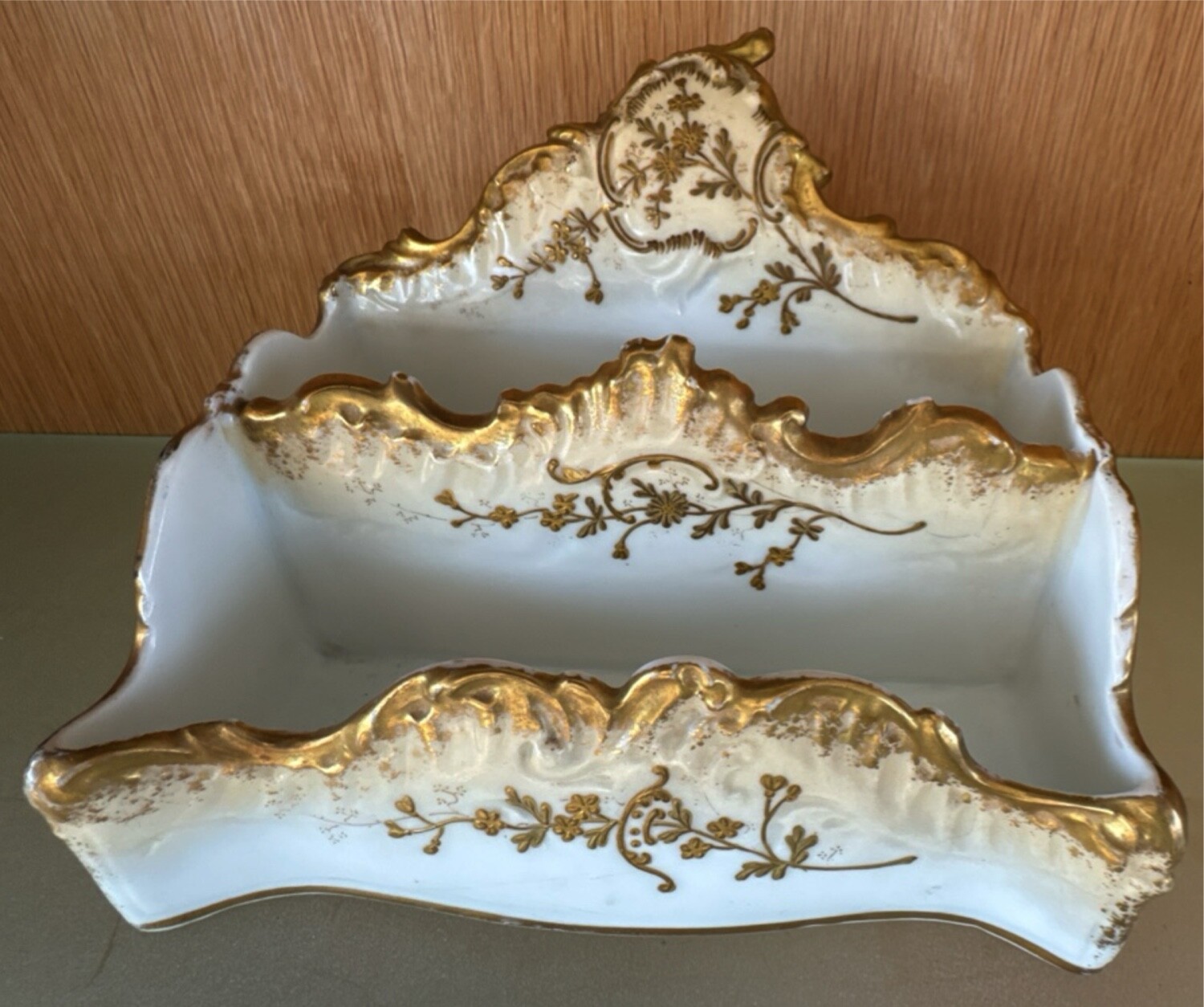 antique c. 1900 AK CD LIMOGES gilt porcelain letter holder desktop accessory