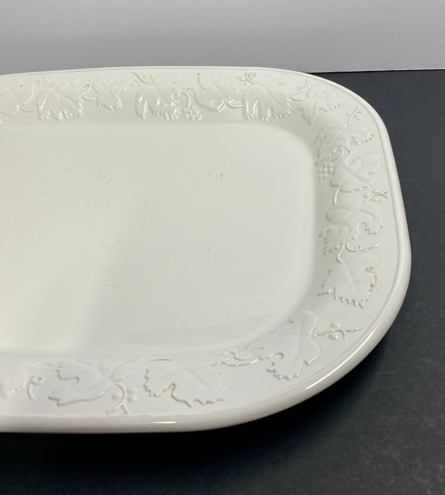 Vtg Corning White Embossed Vineyard Design 15.0” X 11.5 Rectangular Platter Tray