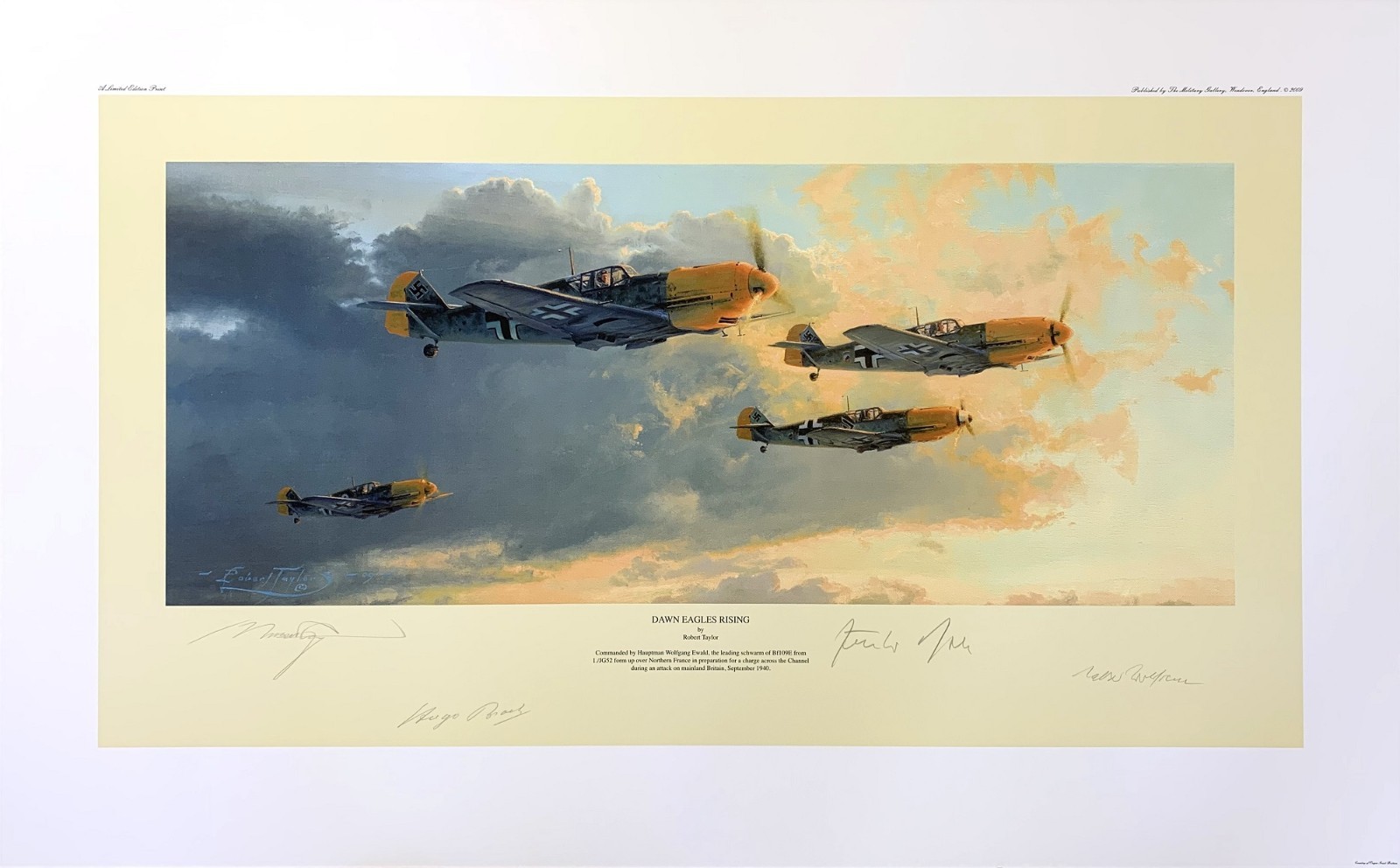 Dawn Eagles Rising by Robert Taylor art print autographed by 3 Luftwaffe Aces