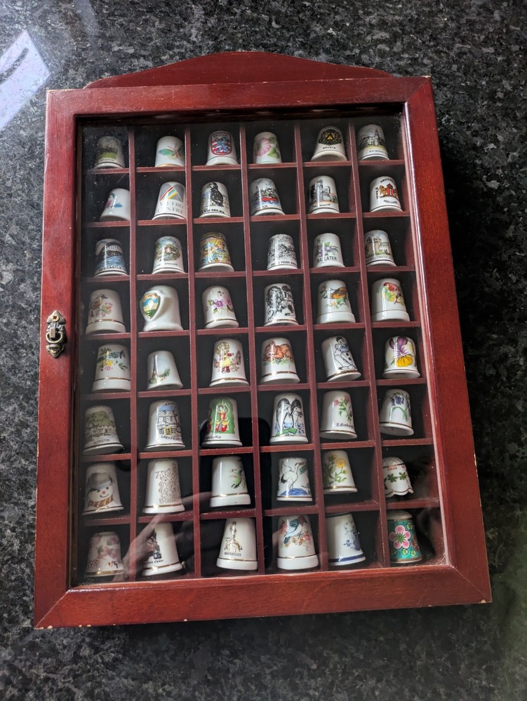 48 Decorative Thimbles in Display Case