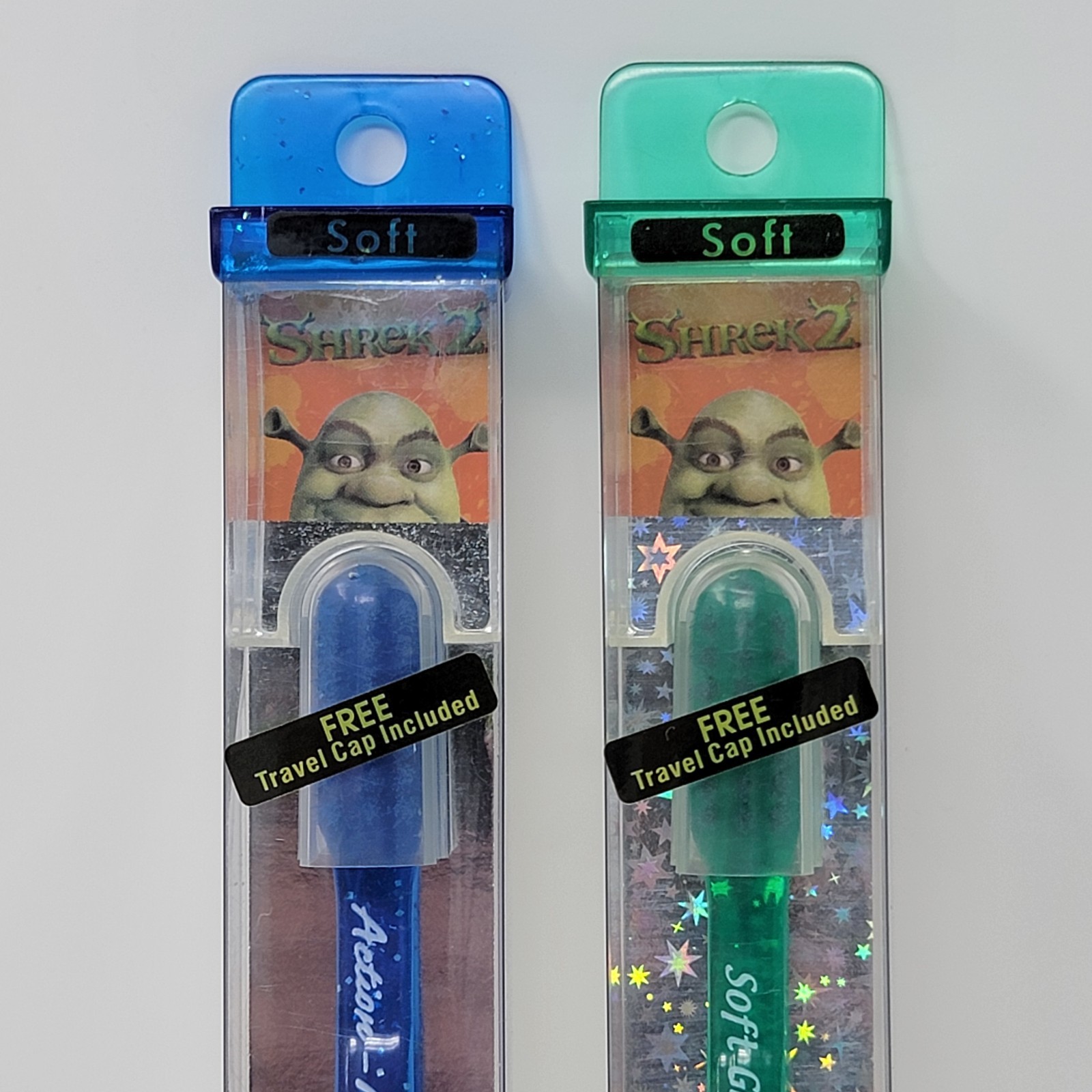 2 Happee Care Shrek 2 Soft Grip Toothbrush + Travel Cap Fiona Donkey Lenticular