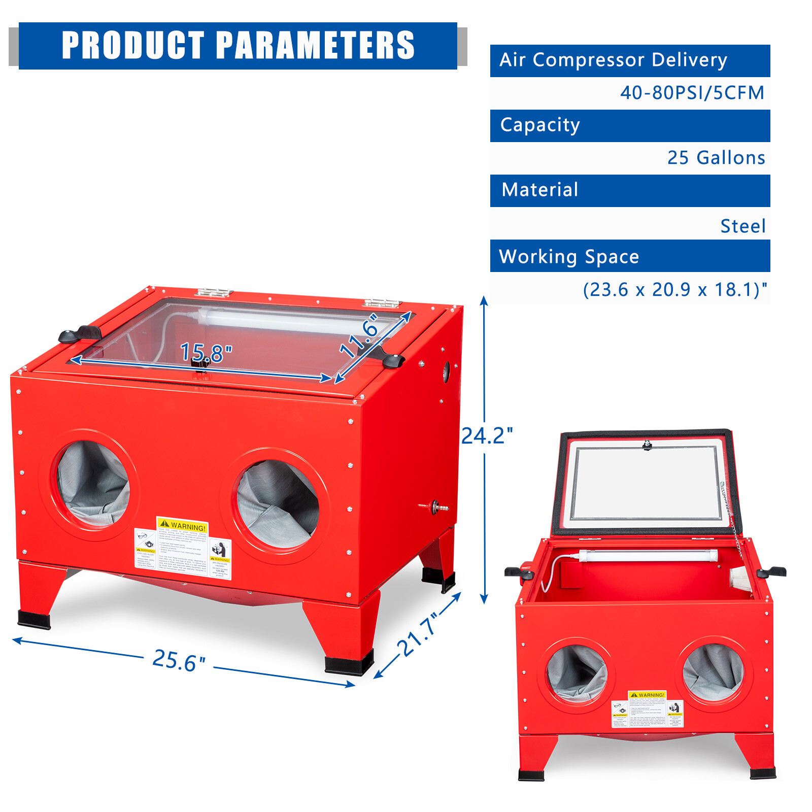 25 Gallons Bench Sandblast Cabinet Air Sand Blaster w/Gun Steel 40-80PSI