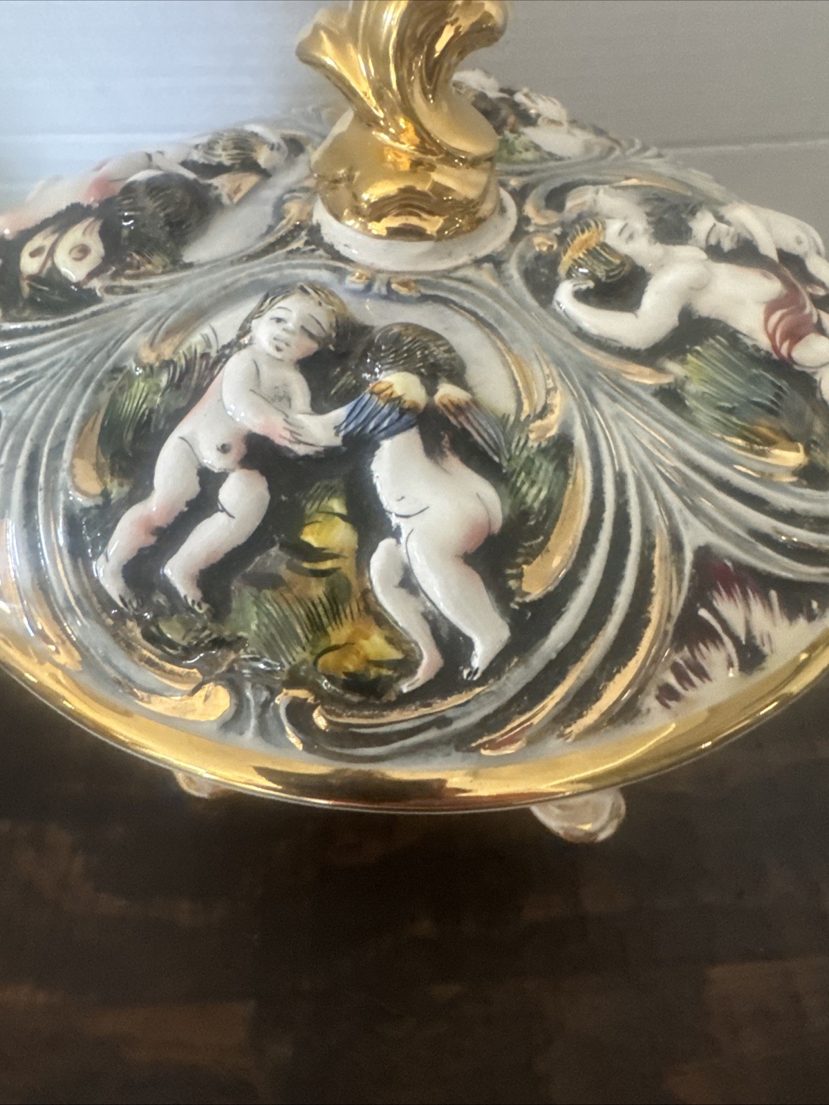 Capodimonte Porcelain Cherubs Putti Candy Dish Bowl Lidded Footed Italy