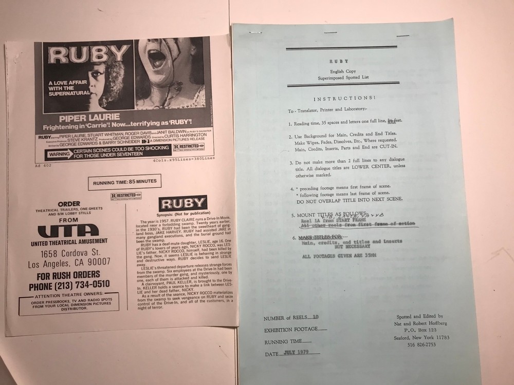 1979 Horror Movie RUBY Script & Superimposed Spotted List