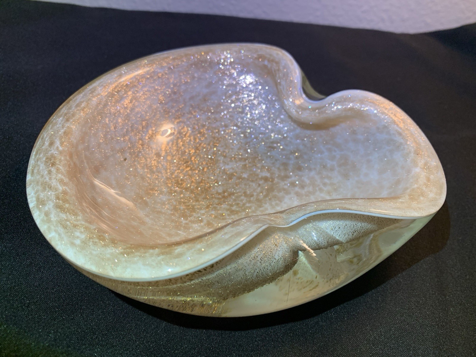 Vintage Murano Art Glass Alfredo Barbini Venetian Bowl Gold Fleck Candy Dish MCM