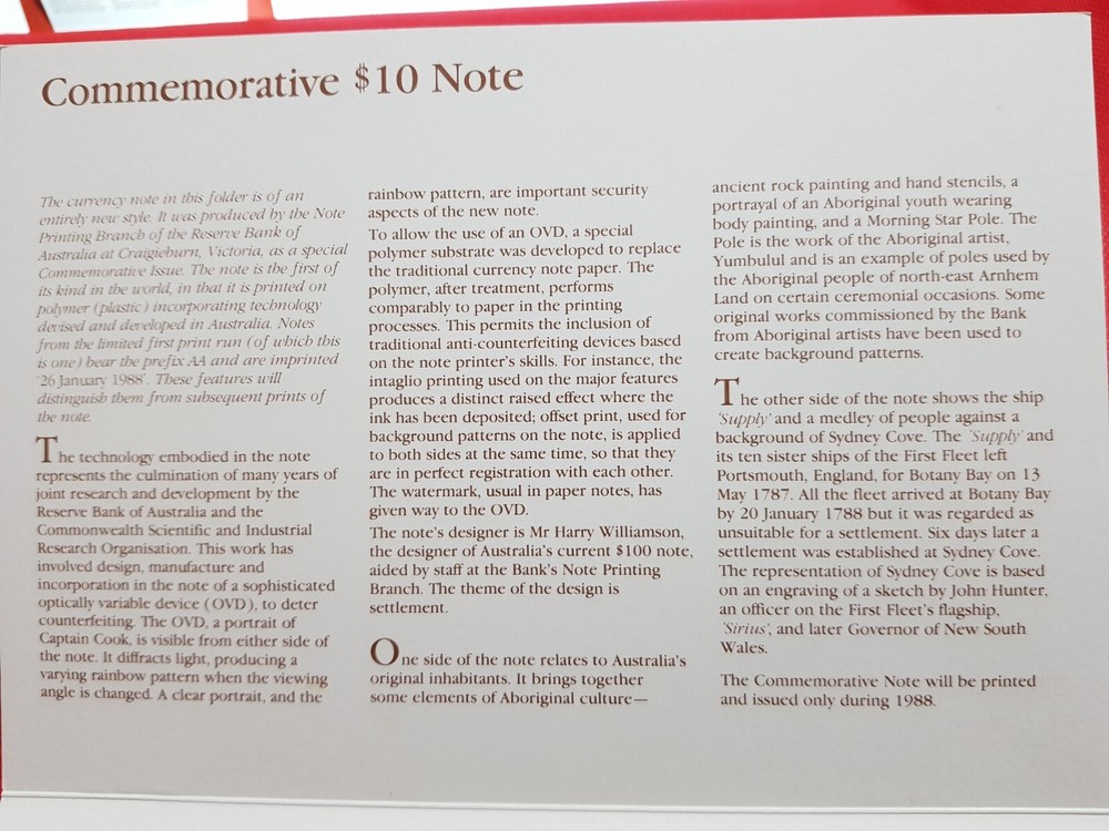 1988 AUSTRALIAN $10 FRASER/JOHNSTON FIRST POLYMER NOTE FOLDER AA 16 077424