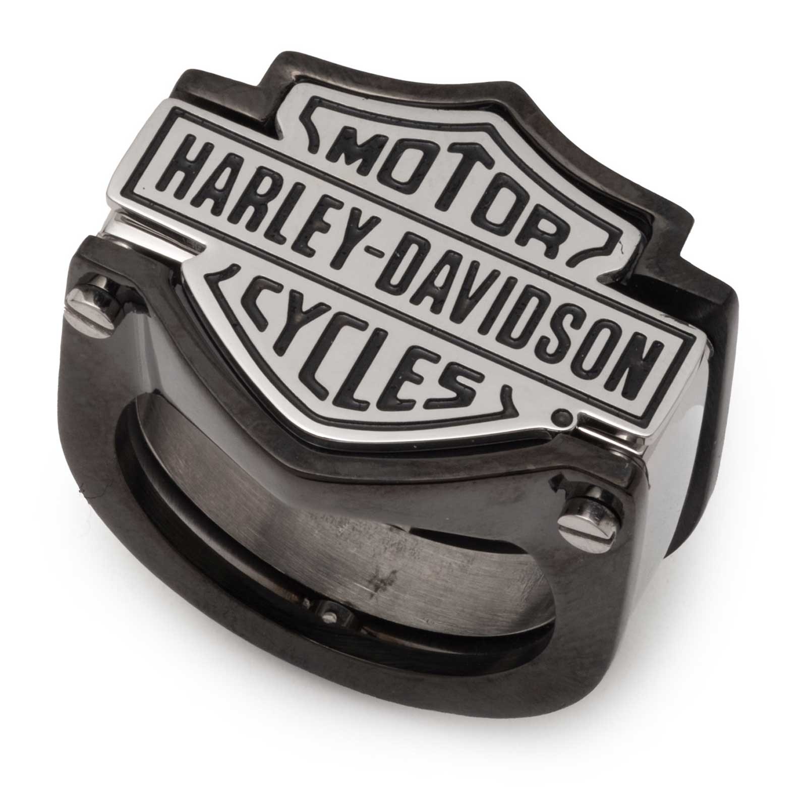 Harley-Davidson Men's Two-Tone Bar & Shield Bolt Stainless Steel Ring, Black