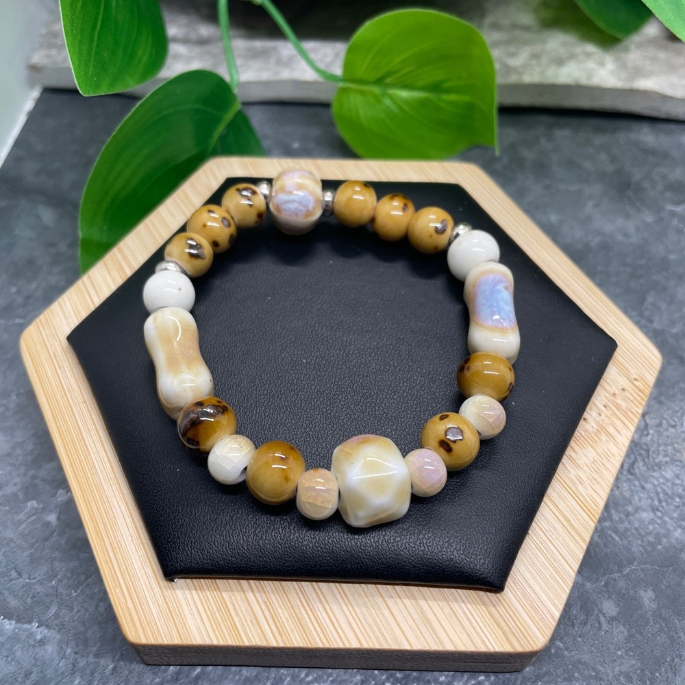 Handmade Ceramic Bead Beaded Stackable 6.25” Plus Stretch Bracelet New B418