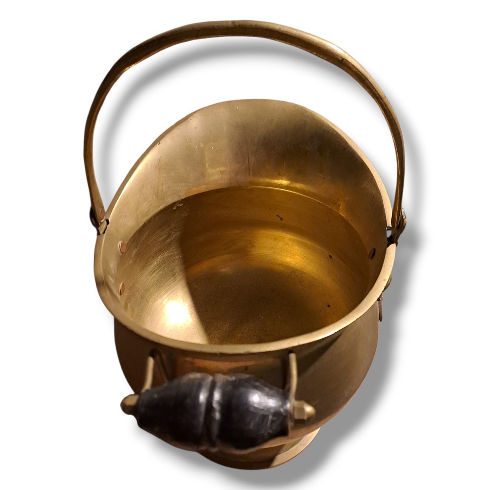 Vintage Solid Brass Coal Scuttle Copper Rivets Ornate Handle 1920s Fireplace