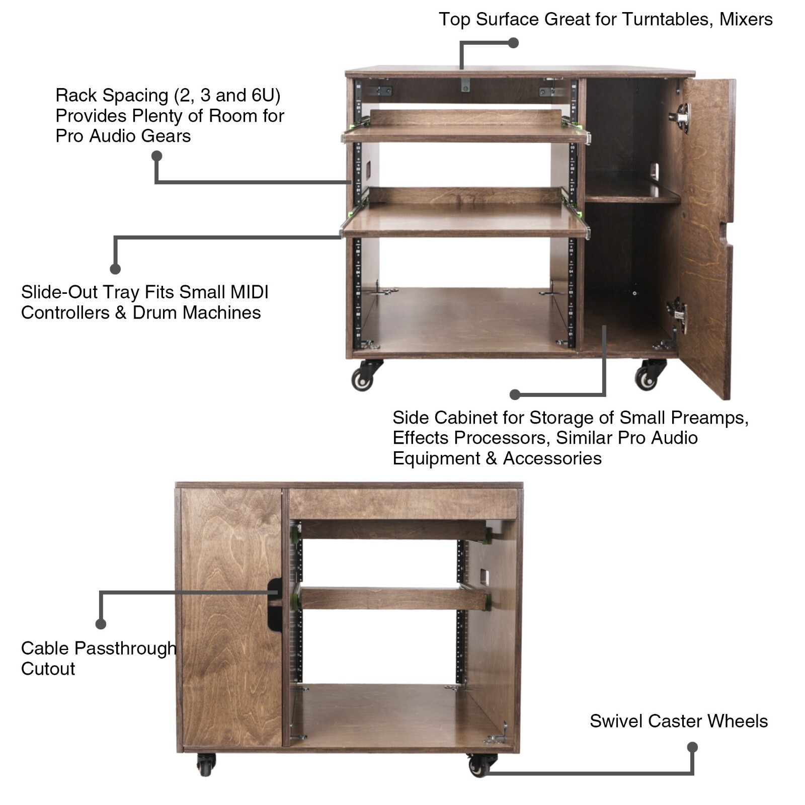 Sound Town 11U Plywood Studio Rack Slide-Out Trays Weathered Brown SDRK-CR11B