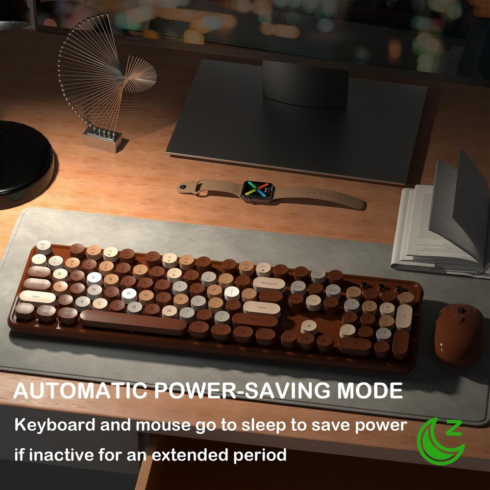 Wireless Keyboard Mouse Combo FullSize Retro Typewriter Round Keycaps Coffee