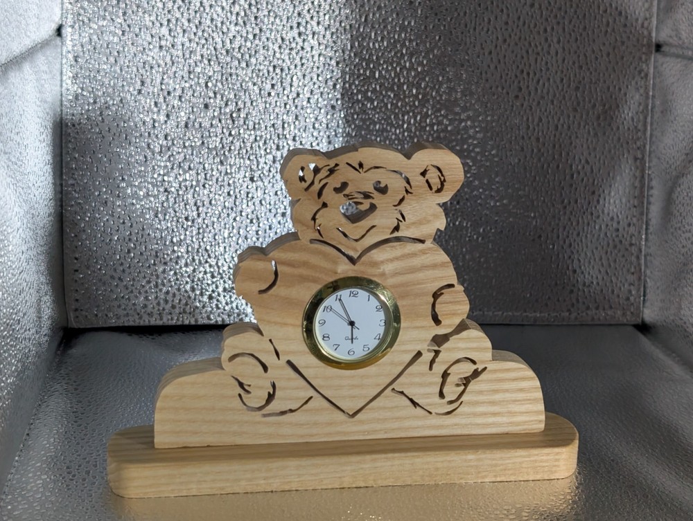 Handmade Scrollsawn Teddy Bear Holding A Heart Clock.