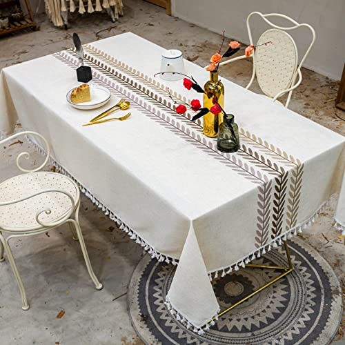 Rustic Cotton Linen Table 86" x 55" (Rectangular) Beige, Wine Leaf